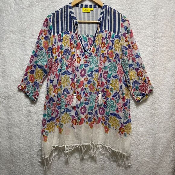 Roberta Roller Rabbit Top Women's S Multicolor Floral Fringed Hem Tunic Boho - Picture 1 of 10